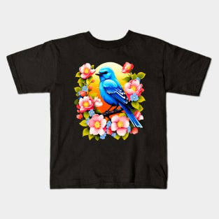 Cute Blue Bird Surrounded by Bold Vibrant Spring Flowers Kids T-Shirt